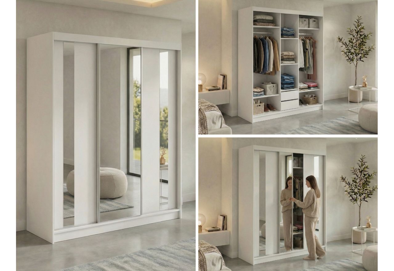 Szafa przesuwna GRECJA 180 cm - biały z lustrem + 2 szuflady