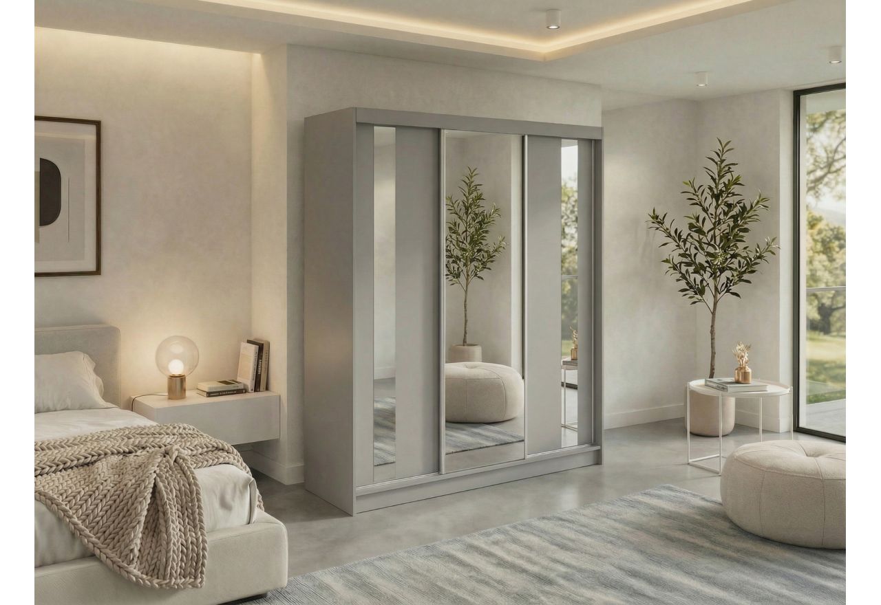 Szafa przesuwna GRECJA 180 cm - szary z lustrem + 2 szuflady