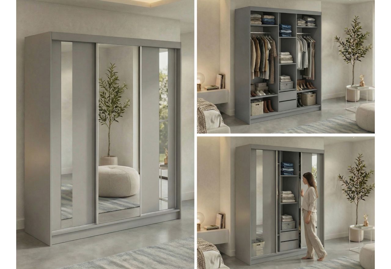 Szafa przesuwna GRECJA 180 cm - szary z lustrem + 2 szuflady