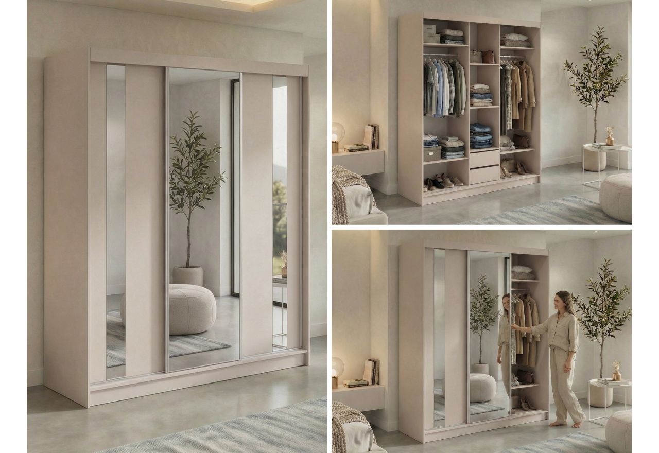 Szafa przesuwna GRECJA 180 cm - kaszmir z lustrem + 2 szuflady