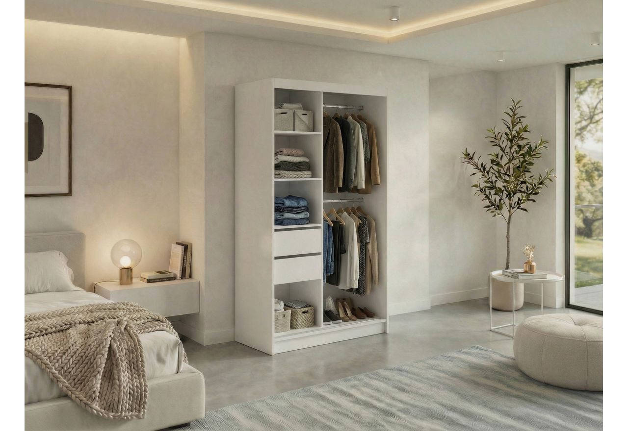 Szafa przesuwna GRECJA 120 cm - biały z lustrem + 2 szuflady