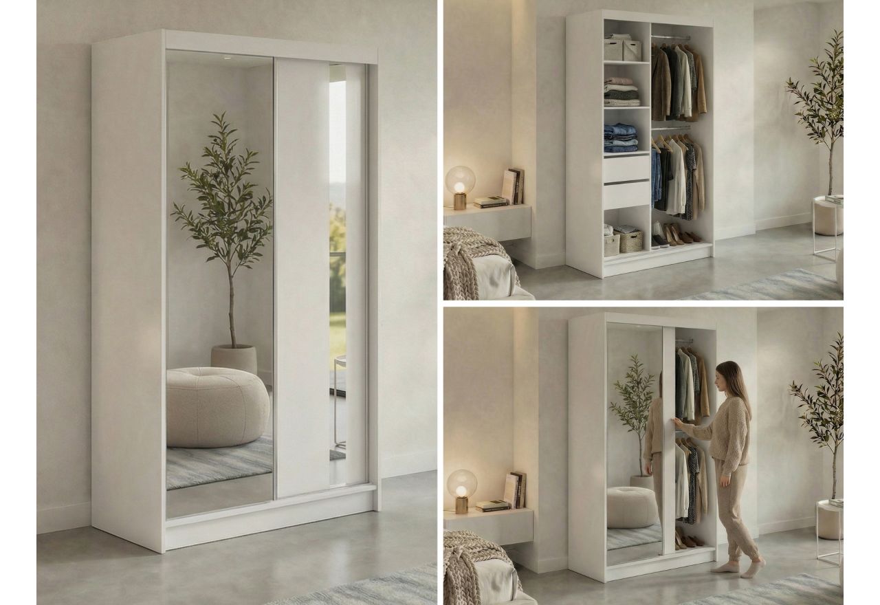 Szafa przesuwna GRECJA 120 cm - biały z lustrem + 2 szuflady