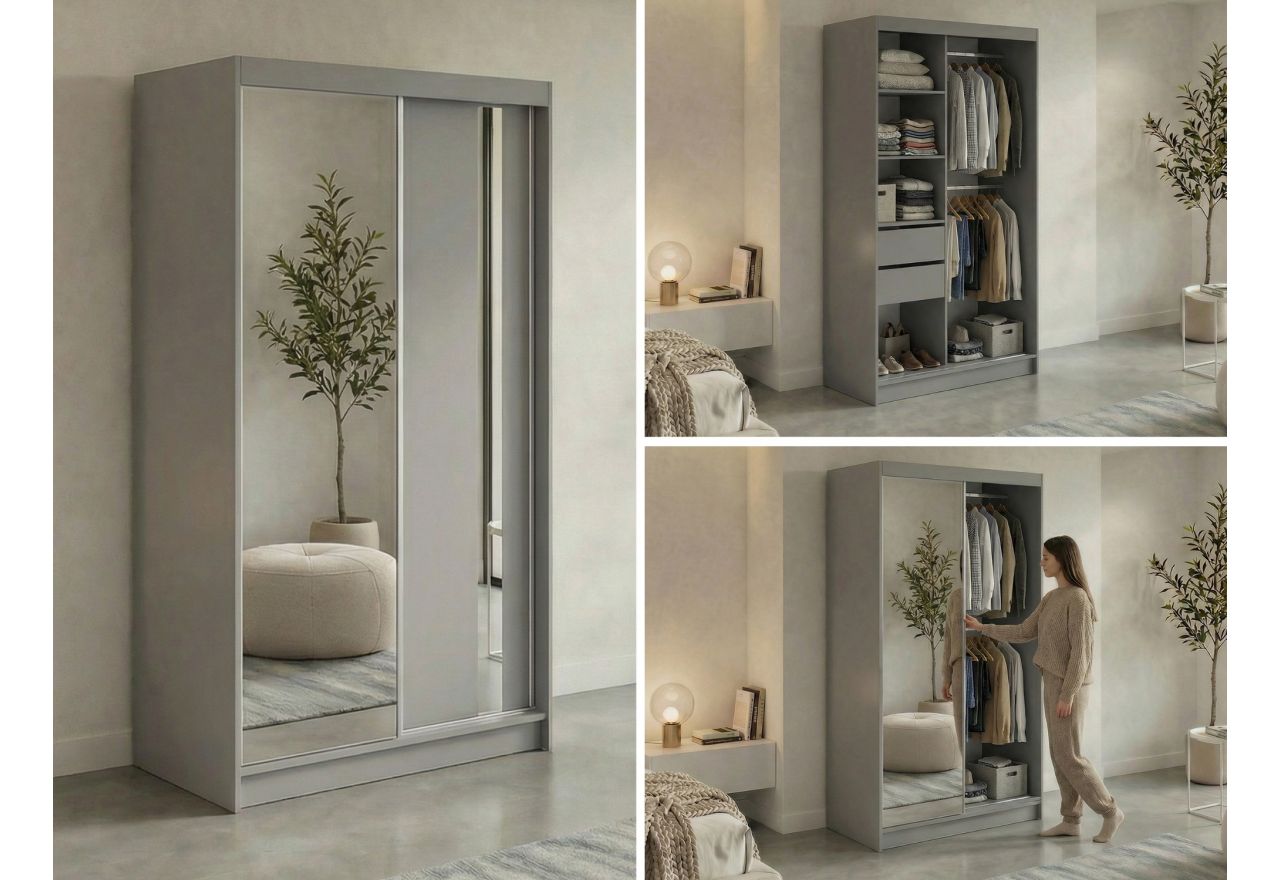 Szafa przesuwna GRECJA 120 cm - szary z lustrem + 2 szuflady