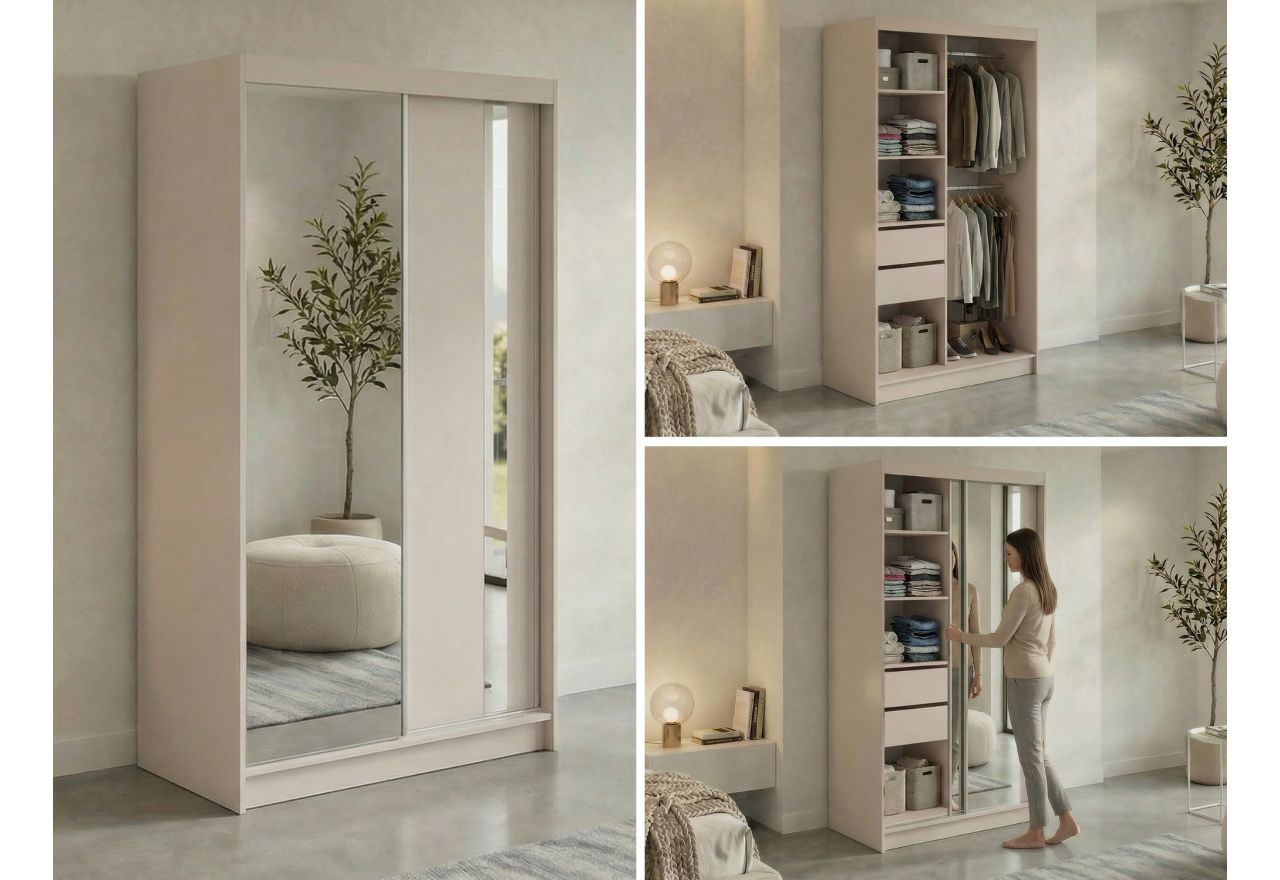 Szafa przesuwna GRECJA 120 cm - kaszmir z lustrem + 2 szuflady