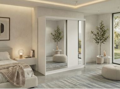 Szafa przesuwna GRECJA 200 - biały z lustrem + 4 szuflady