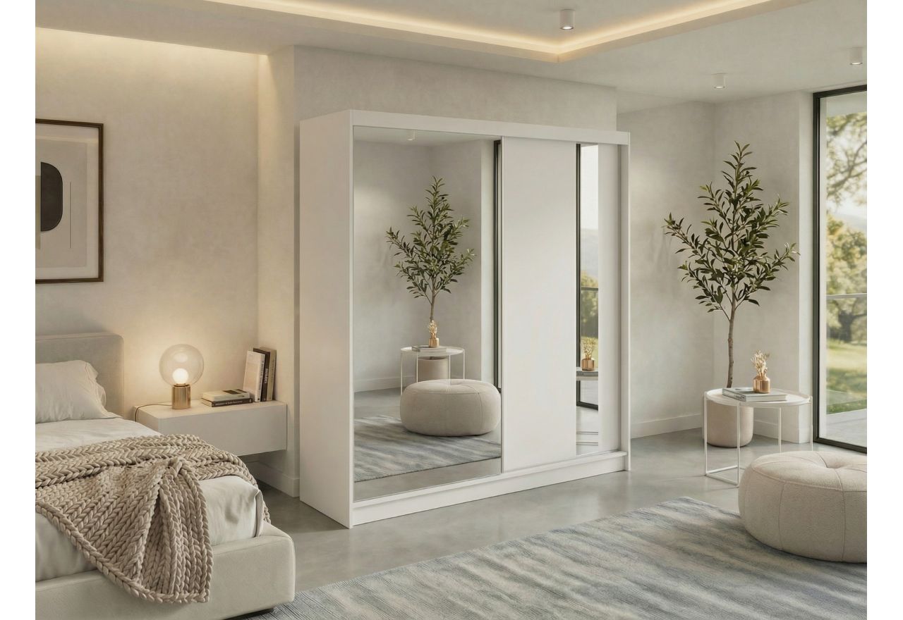 Szafa przesuwna GRECJA 200 - biały z lustrem + 4 szuflady