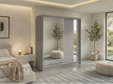 Szafa przesuwna GRECJA 200 - szary z lustrem + 4 szuflady