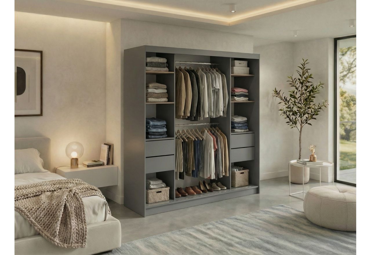 Szafa przesuwna GRECJA 200 - szary z lustrem + 4 szuflady