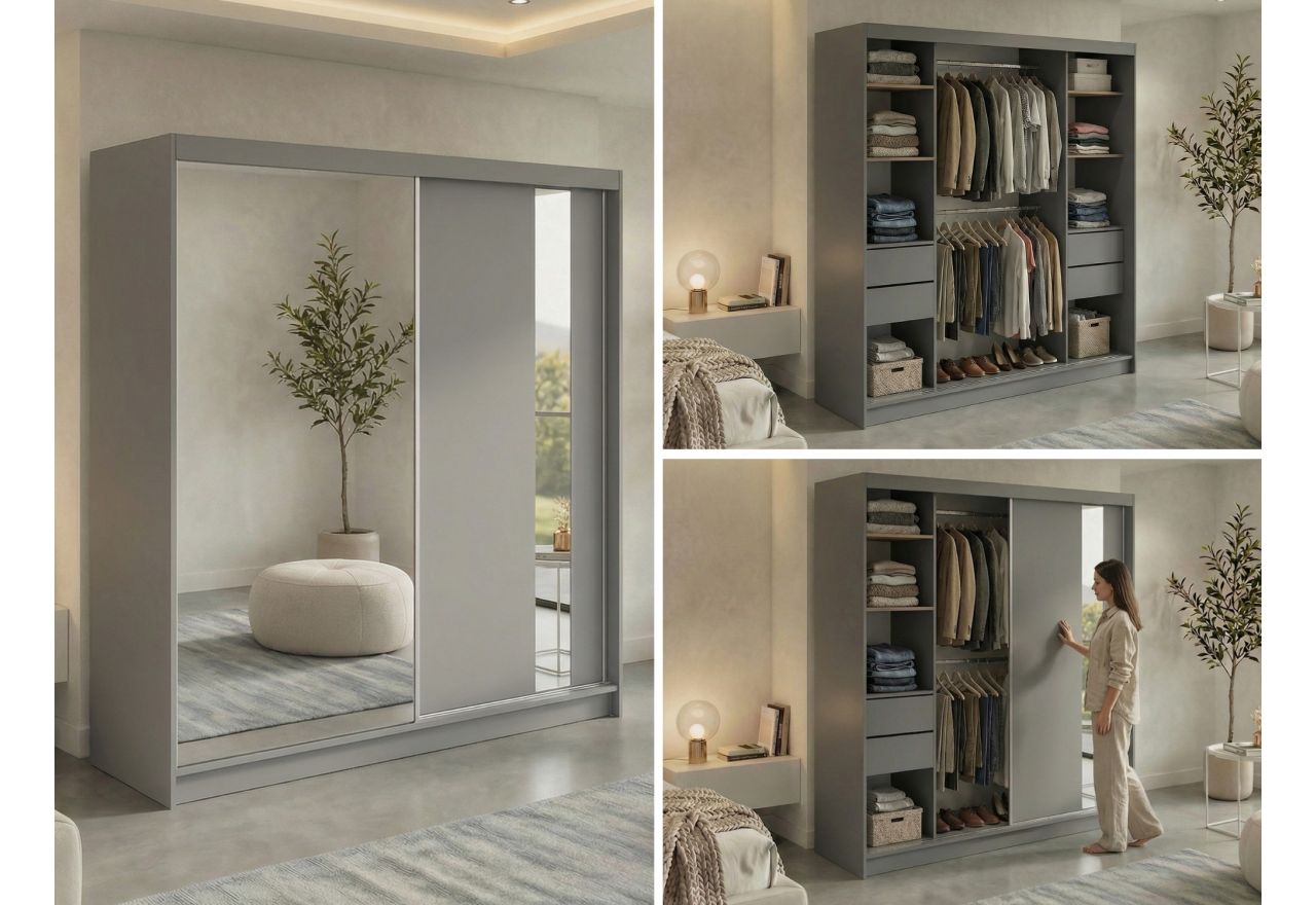 Szafa przesuwna GRECJA 200 - szary z lustrem + 4 szuflady