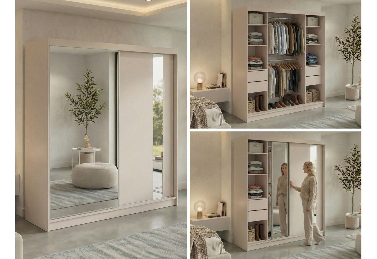 Szafa przesuwna GRECJA 200 - kaszmir z lustrem + 4 szuflady