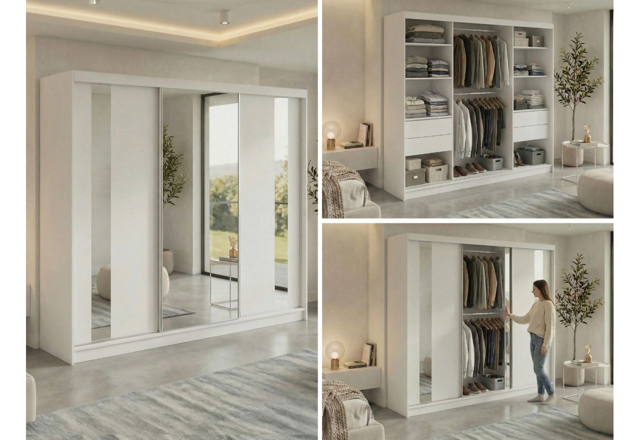 Szafa przesuwna GRECJA 240 cm - biały z lustrem + 4 szuflady