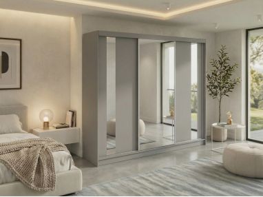 Szafa przesuwna GRECJA 240 - szary z lustrem + 4 szuflady