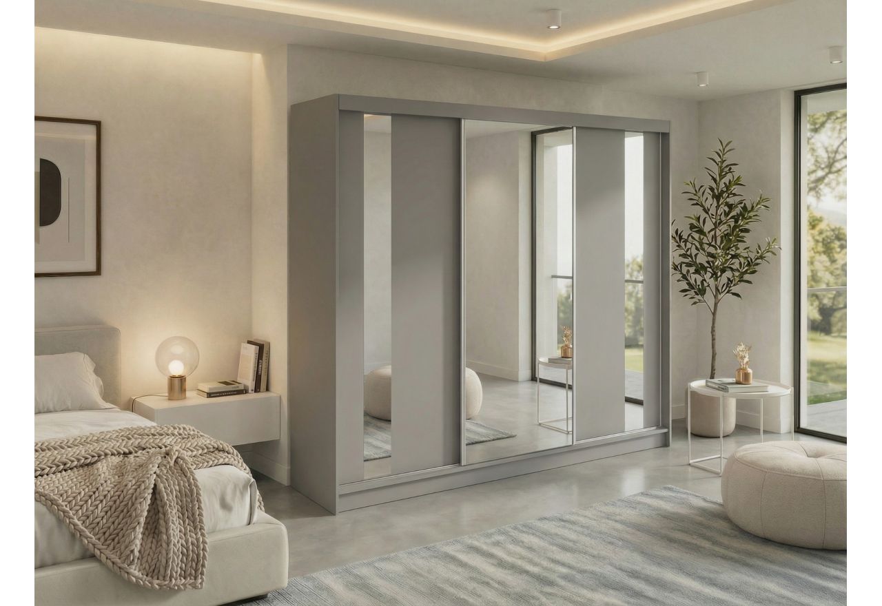 Szafa przesuwna GRECJA 240 cm - szary z lustrem + 4 szuflady