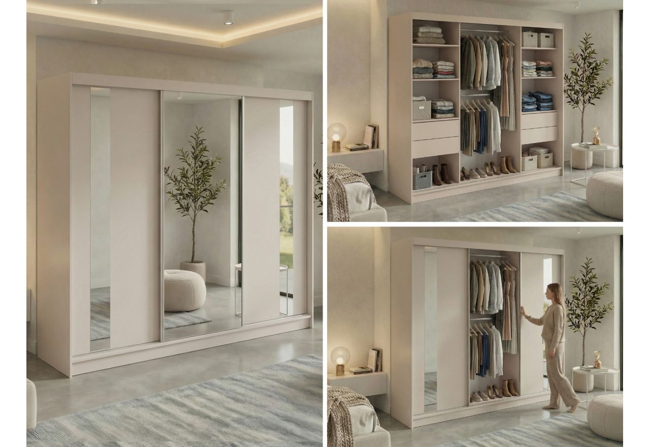 Szafa przesuwna GRECJA 240 cm - kaszmir z lustrem + 4 szuflady