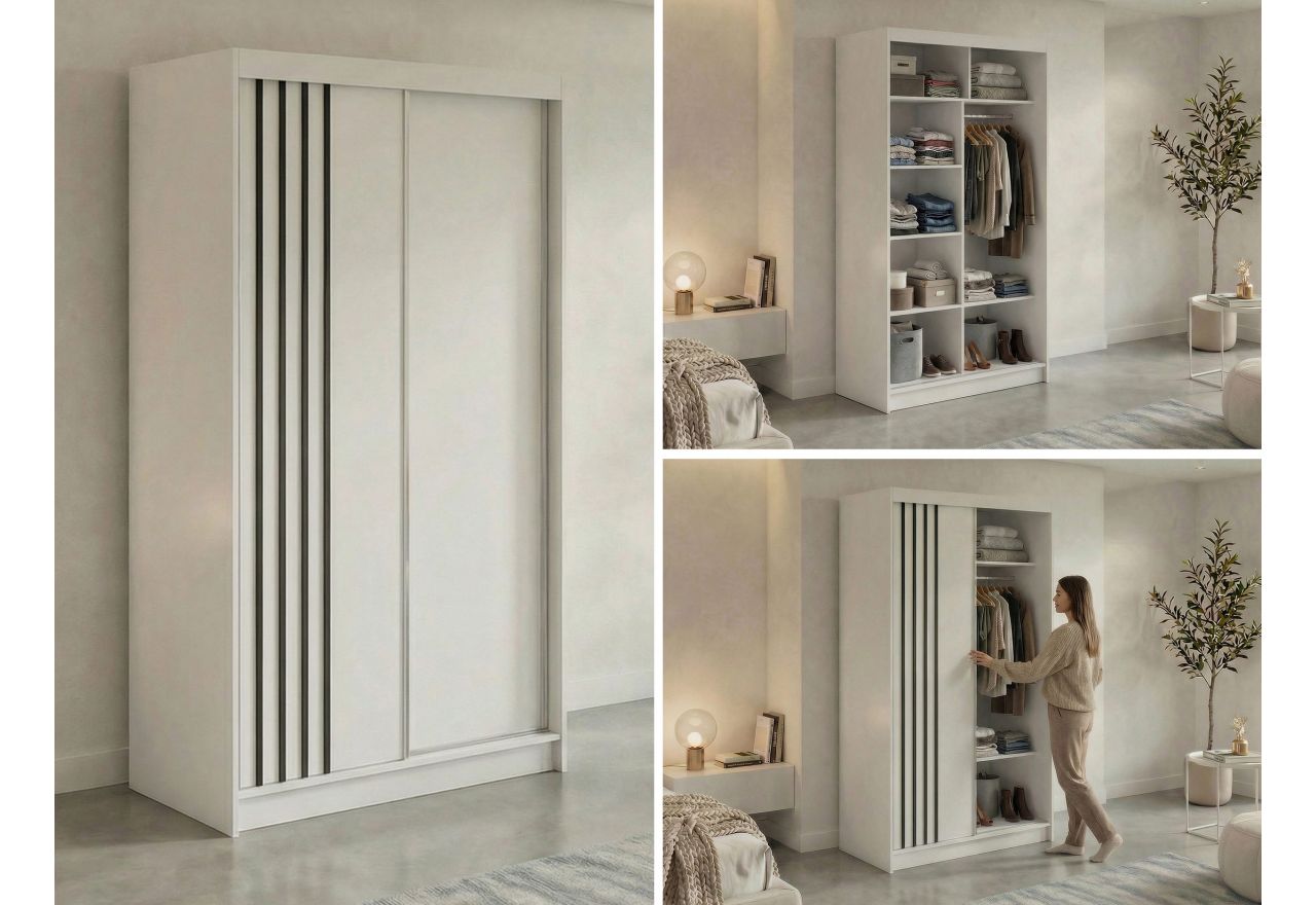 Szafa przesuwna NAURU 120 cm - biały z lamelami czarnymi