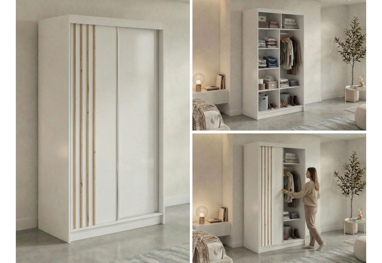 Szafa przesuwna NAURU 120 cm - biały z lamelami dąb aristan