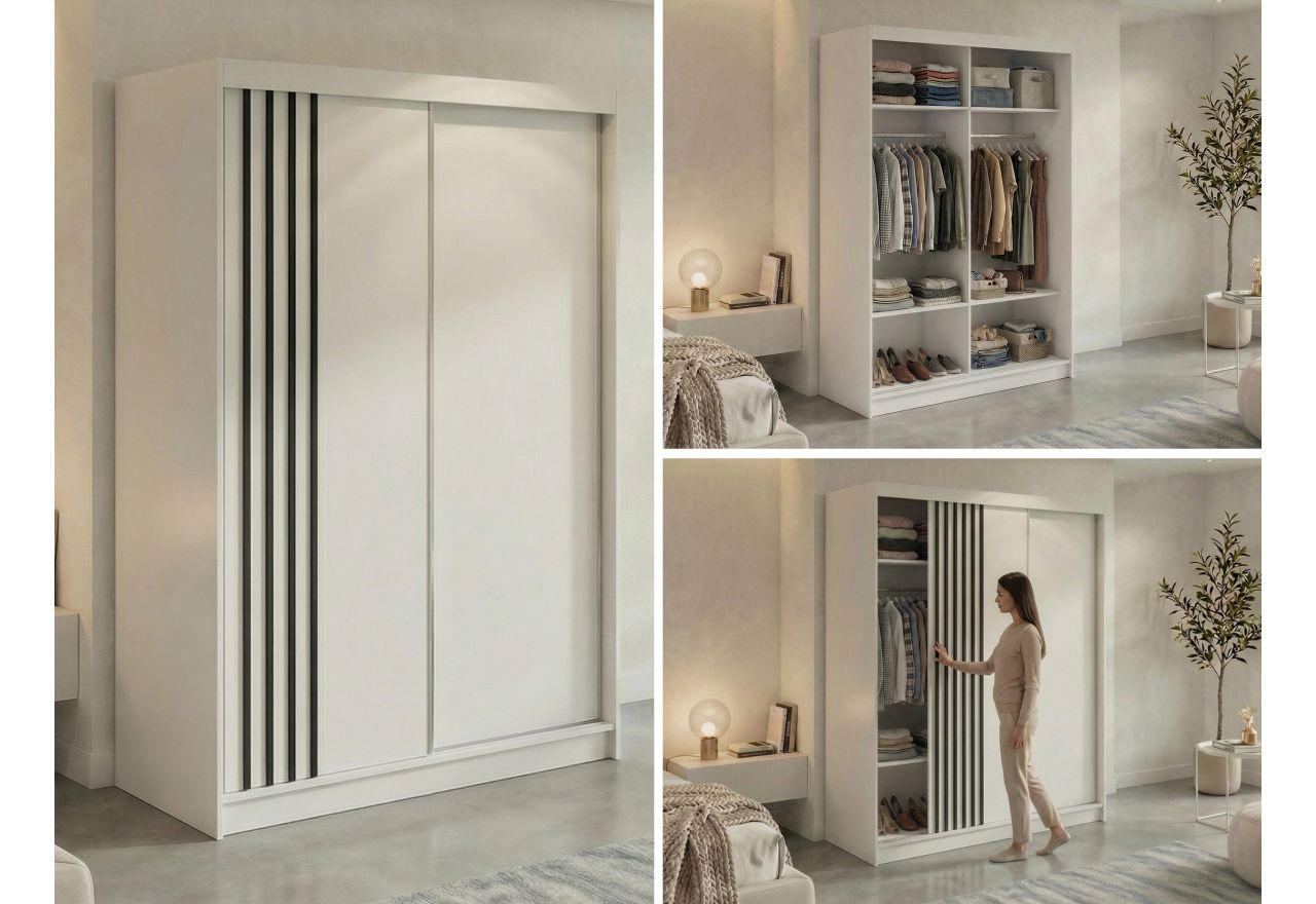 Szafa przesuwna NAURU 150 cm - biały z lamelami czarnymi