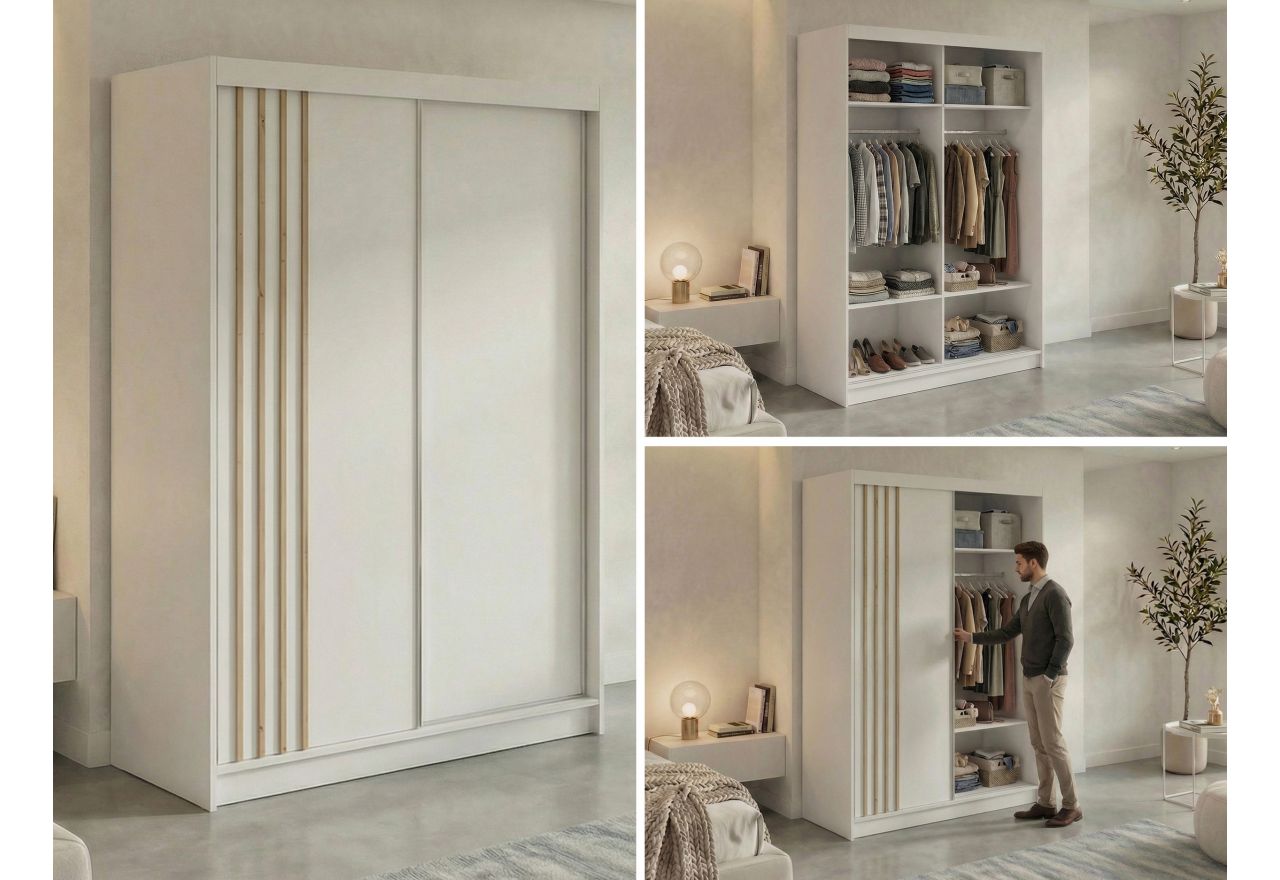 Szafa przesuwna NAURU 150 cm - biały z lamelami dąb aristan