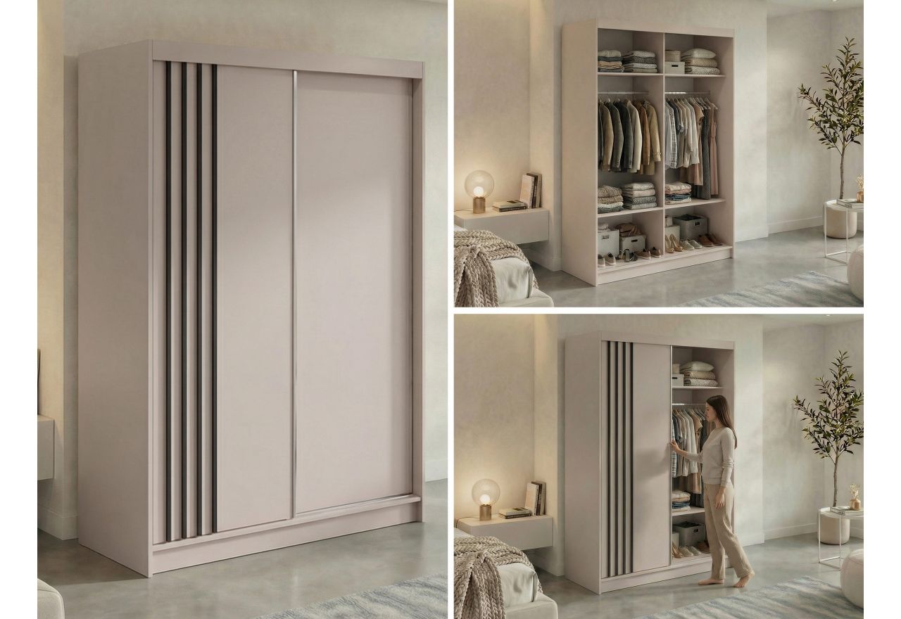 Szafa przesuwna NAURU 150 cm - kaszmir z lamelami czarnymi