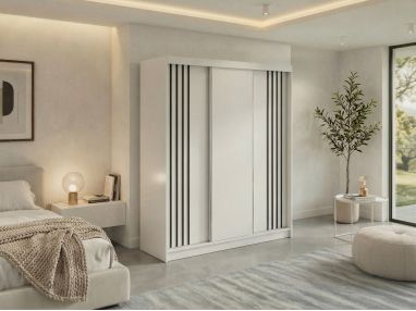 Szafa przesuwna NAURU 180 - biały z lamelami czarnymi + 2 szuflady