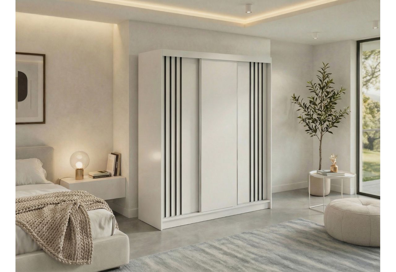 Szafa przesuwna NAURU 180 cm - biały z lamelami czarnymi + 2 szuflady