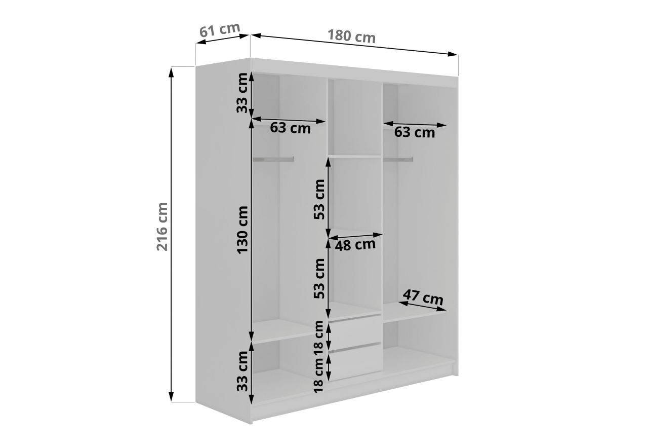Szafa przesuwna NAURU 180 cm - biały z lamelami czarnymi + 2 szuflady