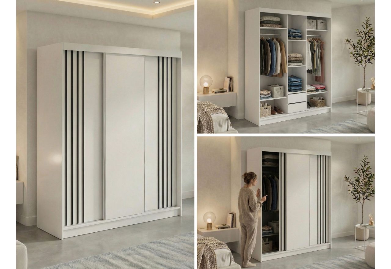 Szafa przesuwna NAURU 180 cm - biały z lamelami czarnymi + 2 szuflady