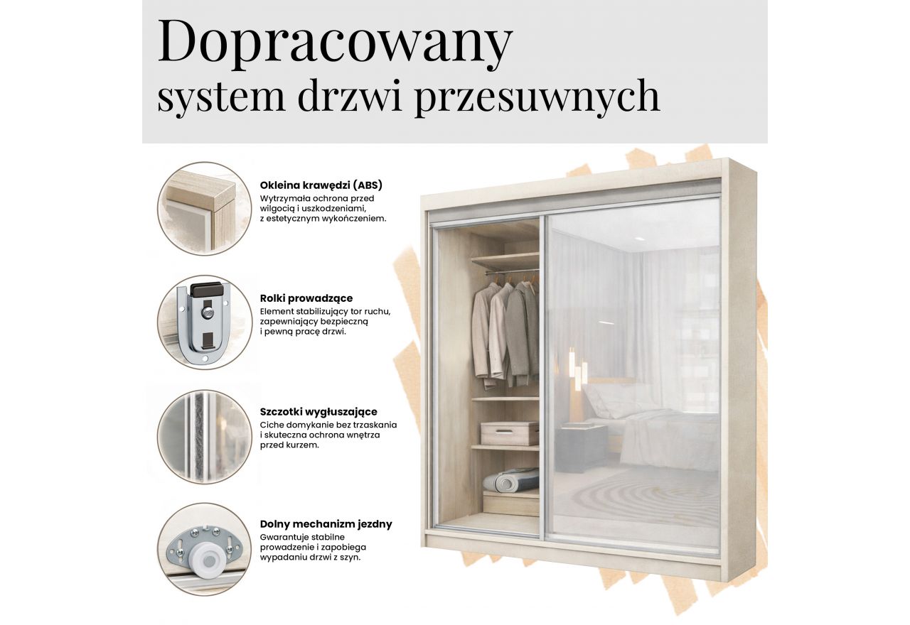 Szafa przesuwna NAURU 180 cm - biały z lamelami czarnymi + 2 szuflady