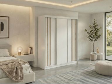 Szafa przesuwna NAURU 180 - biały z lamelami dąb aristan + 2 szuflady