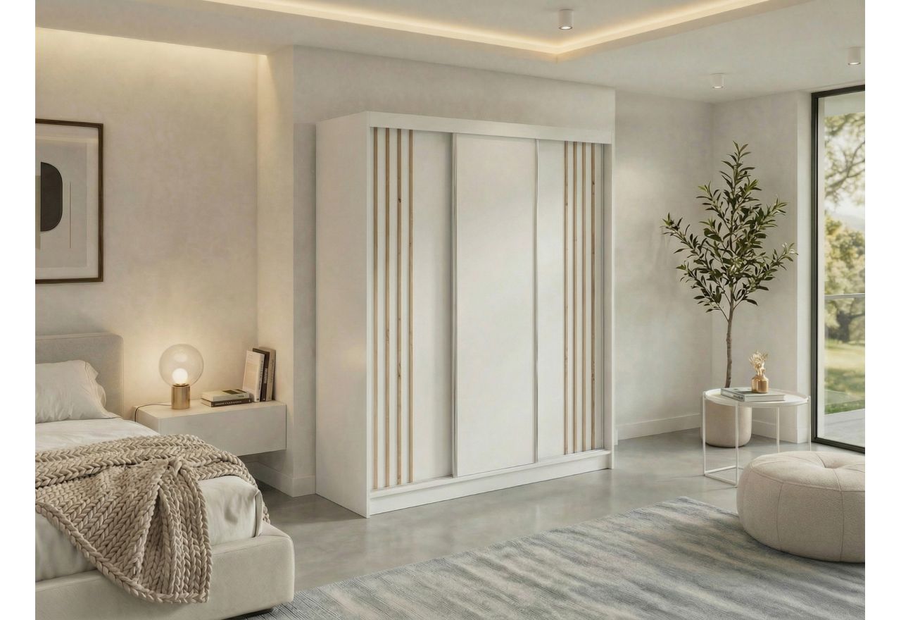 Szafa przesuwna NAURU 180 cm - biały z lamelami dąb aristan + 2 szuflady