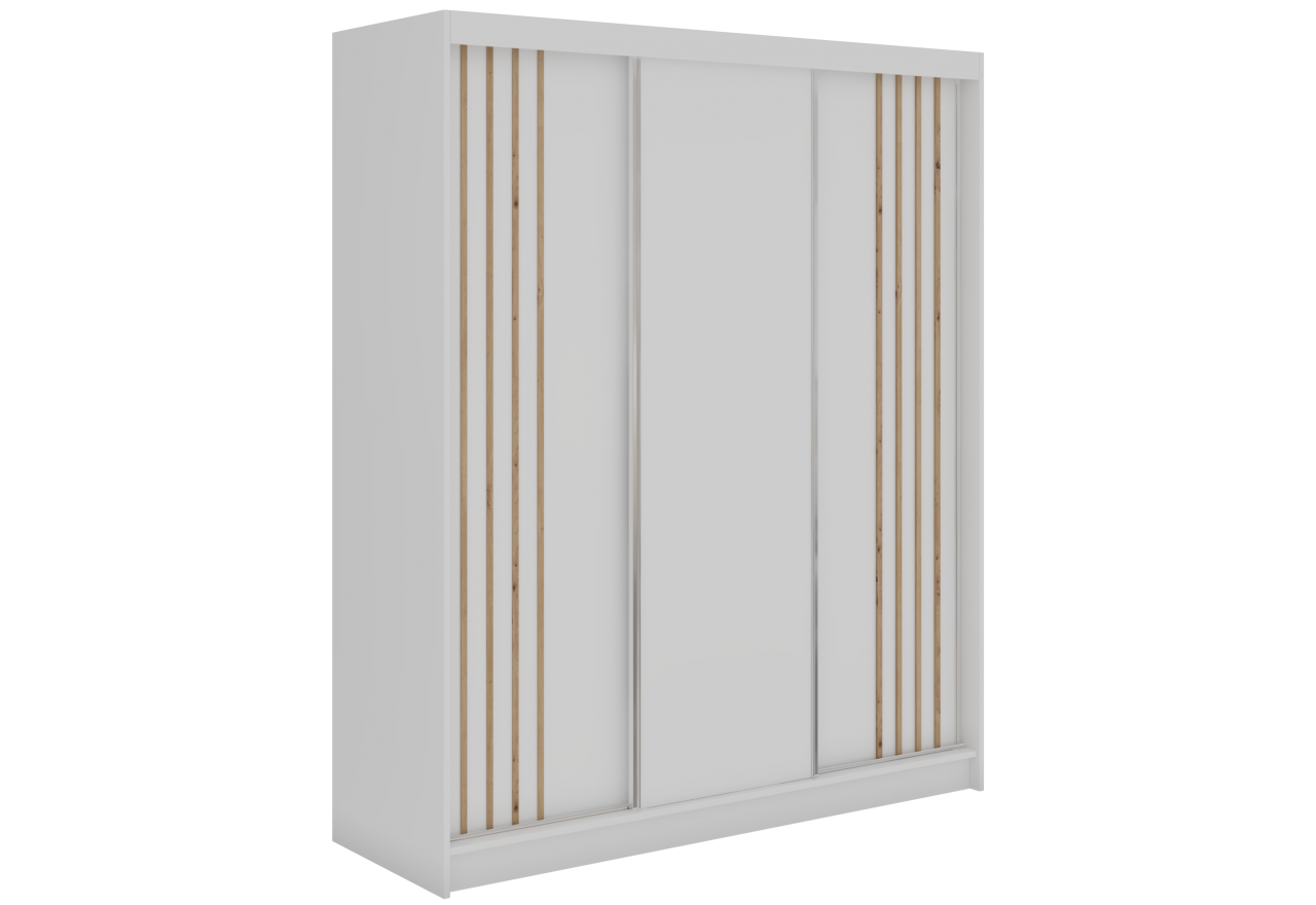 Szafa przesuwna NAURU 180 cm - biały z lamelami dąb aristan + 2 szuflady