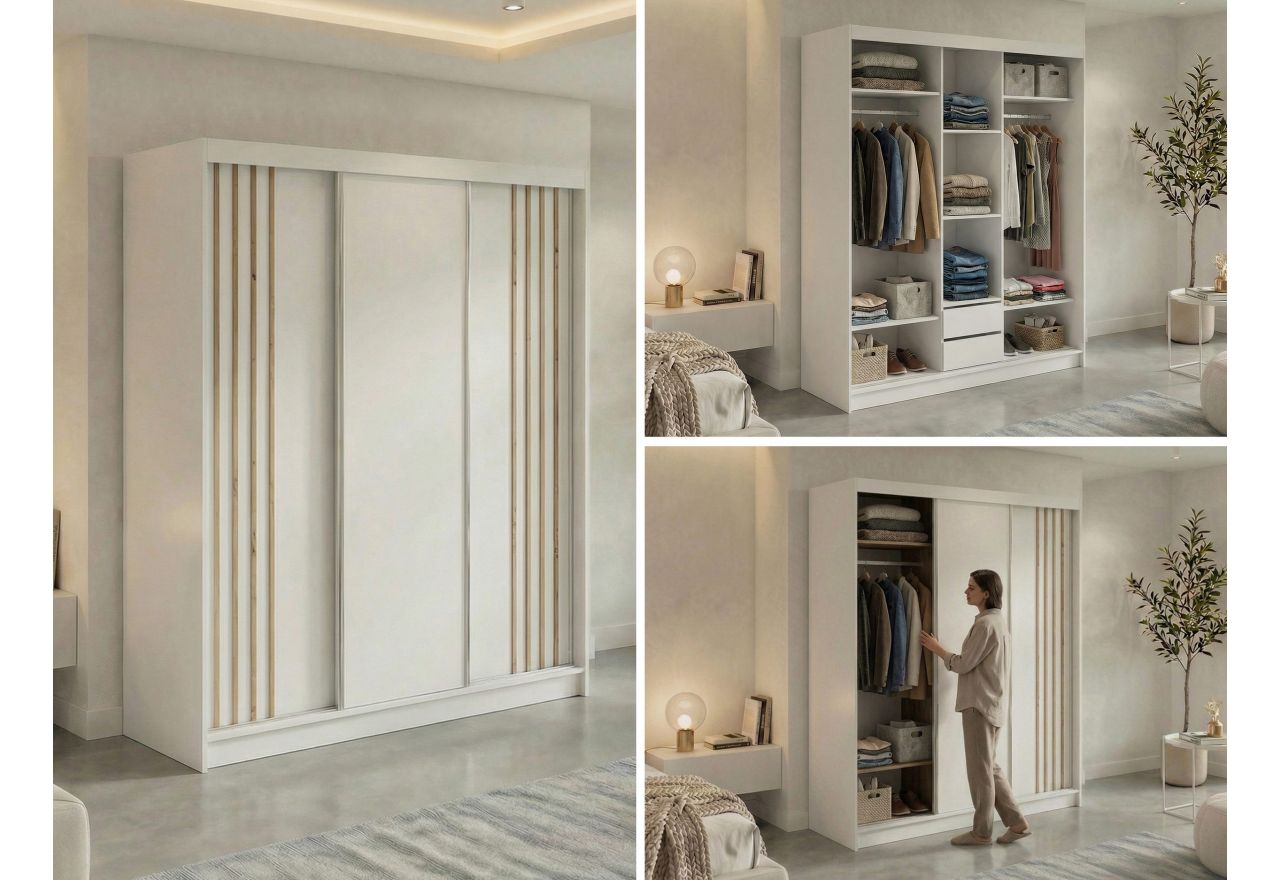 Szafa przesuwna NAURU 180 cm - biały z lamelami dąb aristan + 2 szuflady