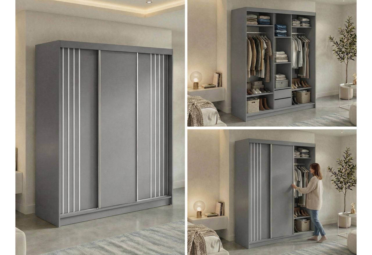 Szafa przesuwna NAURU 180 cm - szary z lamelami białymi + 2 szuflady