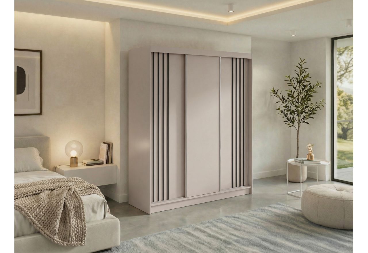 Szafa przesuwna NAURU 180 cm - kaszmir z lamelami czarnymi + 2 szuflady