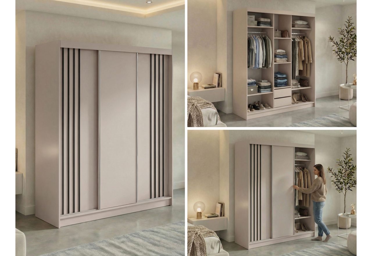 Szafa przesuwna NAURU 180 cm - kaszmir z lamelami czarnymi + 2 szuflady