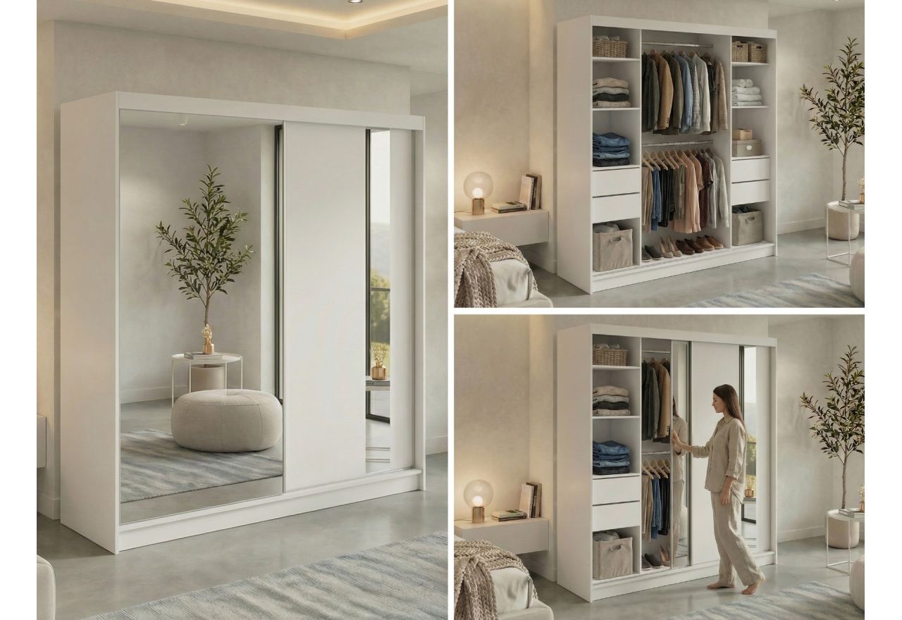 Szafa przesuwna NAURU 200 - biały z lamelami dąb aristan