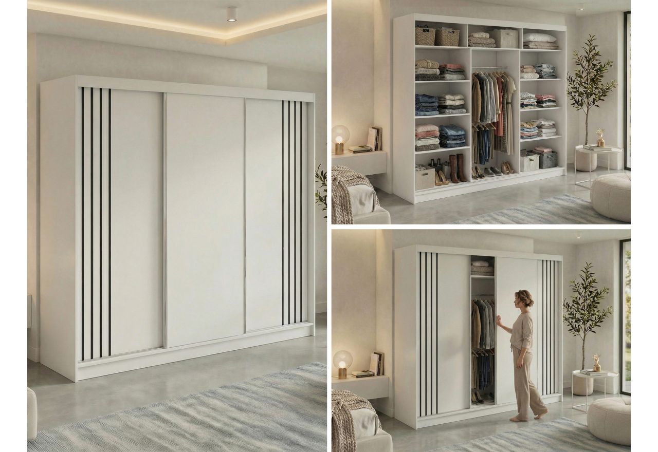 Szafa przesuwna NAURU 240 cm - biały z lamelami czarnymi