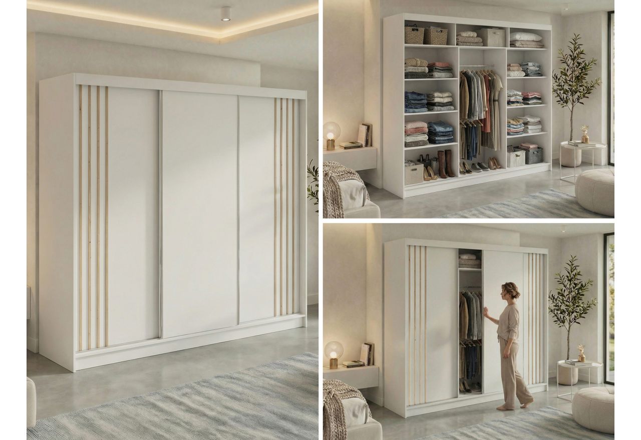 Szafa przesuwna NAURU 240 cm - biały z lamelami dąb aristan