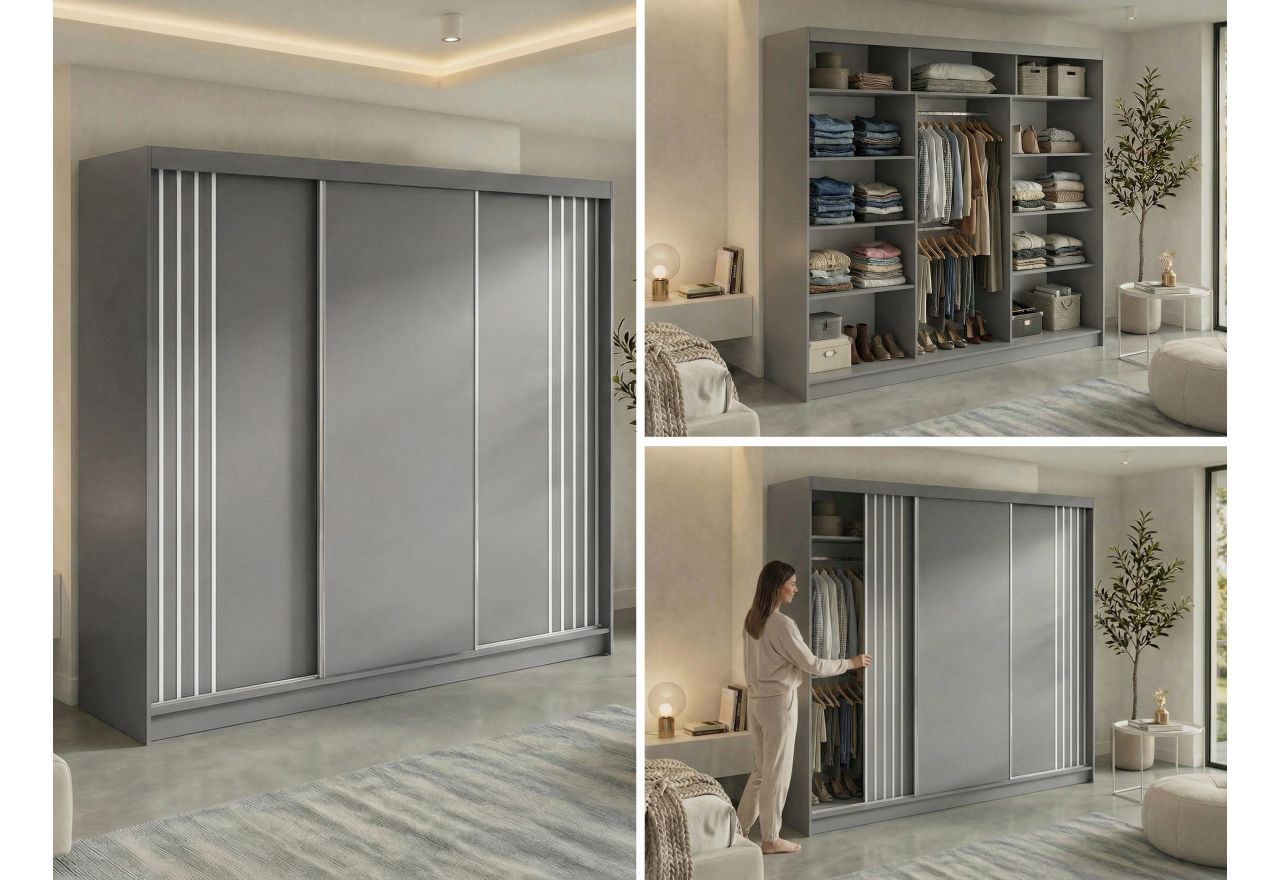 Szafa przesuwna NAURU 240 cm - szary z lamelami białymi