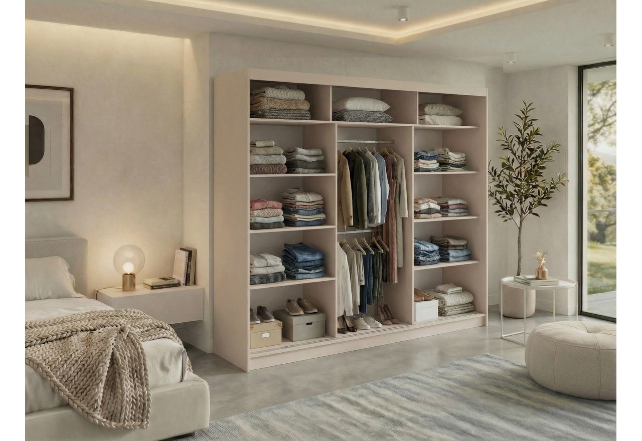 Szafa przesuwna NAURU 240 cm - kaszmir z lamelami czarnymi