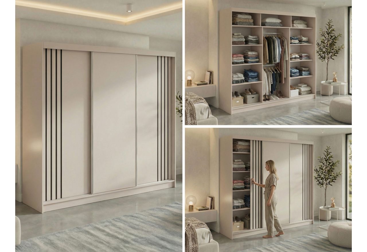 Szafa przesuwna NAURU 240 cm - kaszmir z lamelami czarnymi