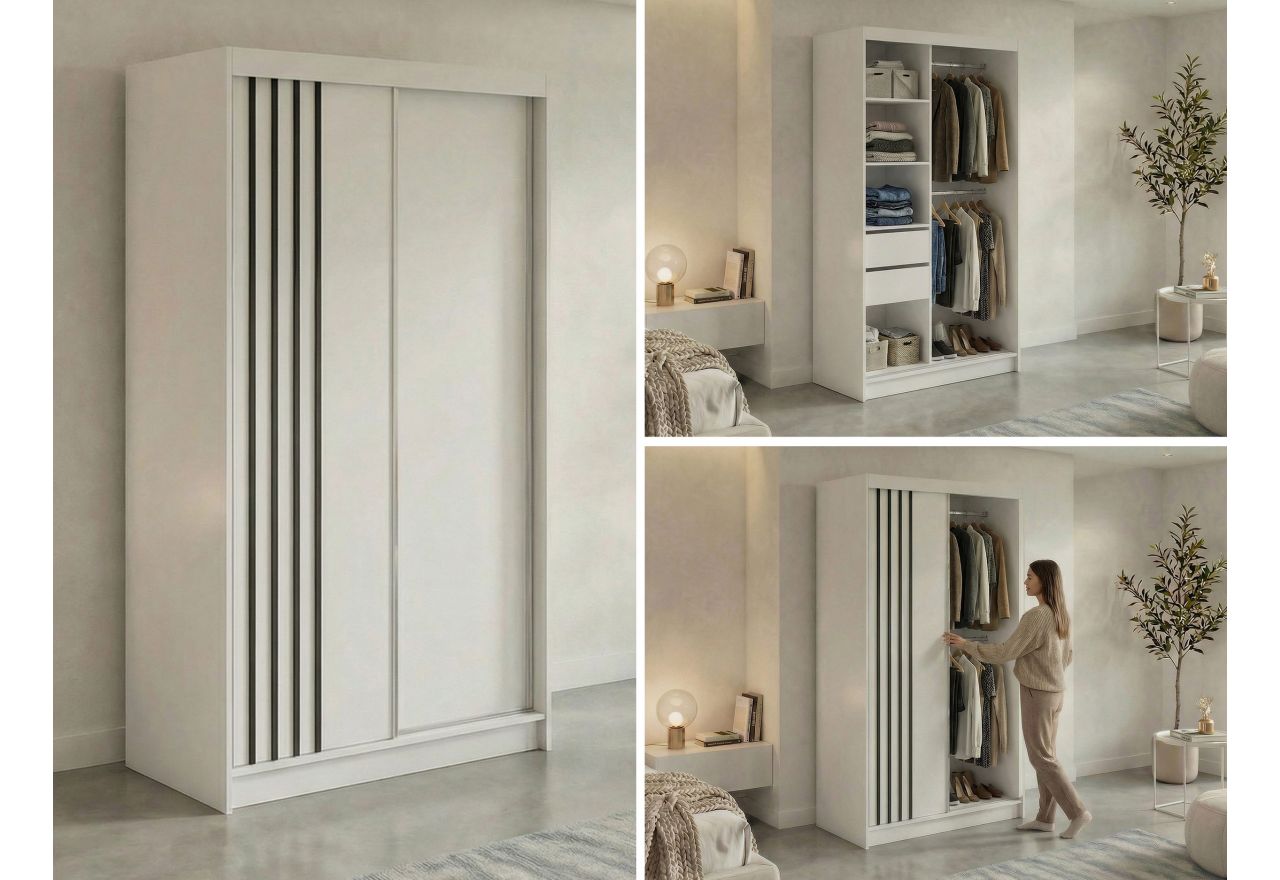 Szafa przesuwna NAURU 120 cm - biały z lamelami czarnymi + 2 szuflady