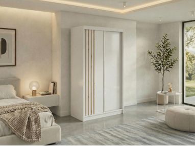 Szafa przesuwna NAURU 120 - biały z lamelami dąb aristan + 2 szuflady