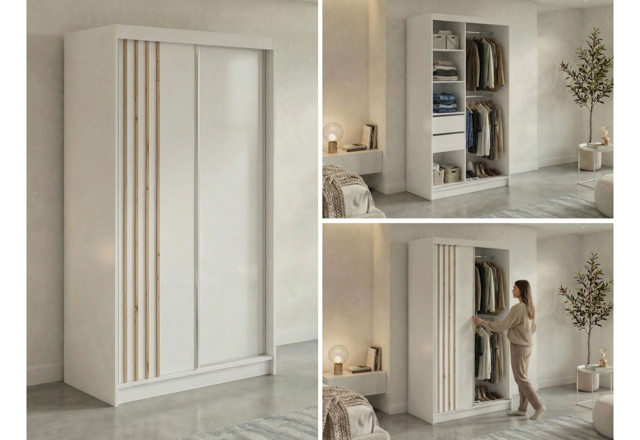 Szafa przesuwna NAURU 120 cm - biały z lamelami dąb aristan + 2 szuflady