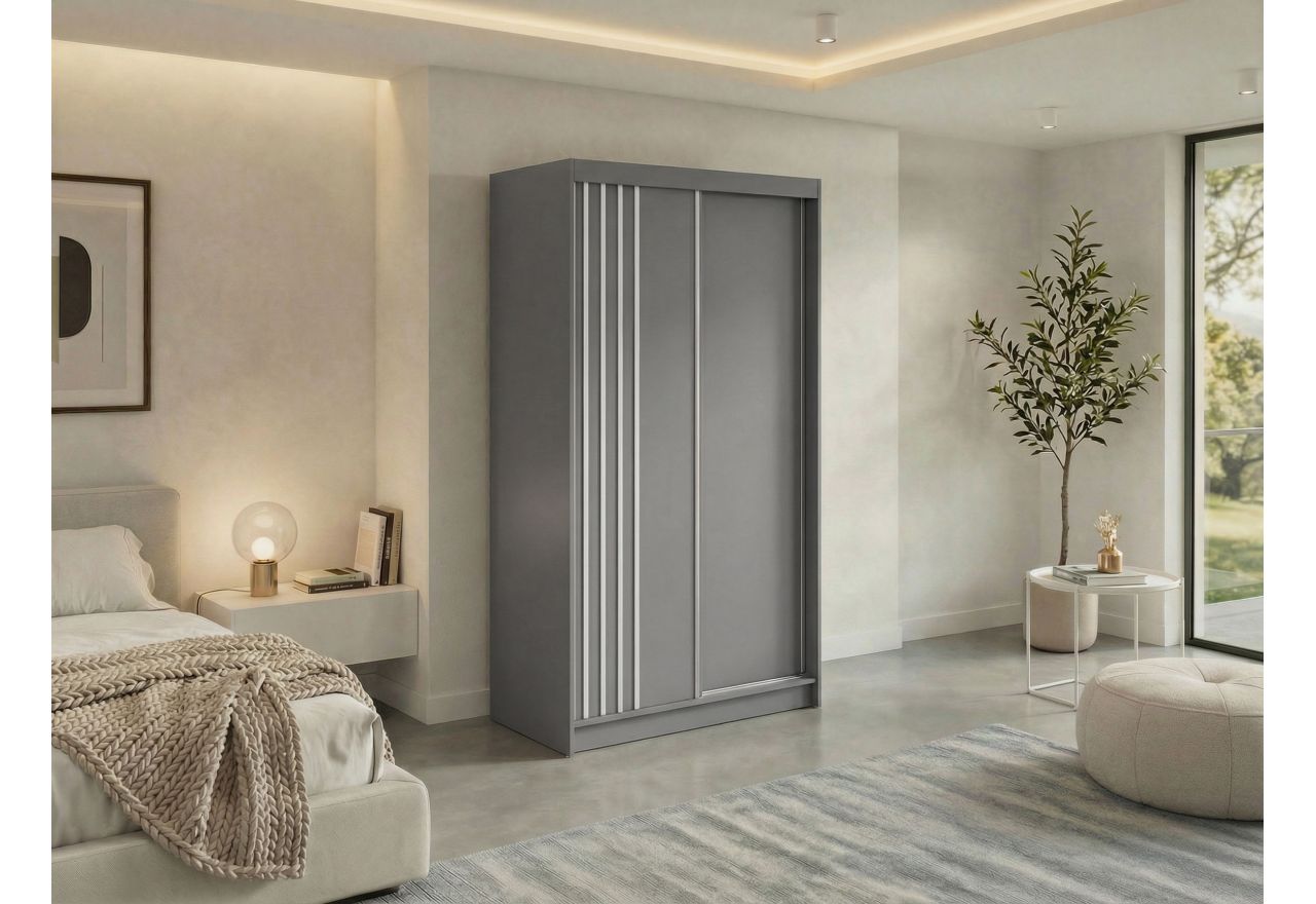 Szafa przesuwna NAURU 120 cm - szary z lamelami białymi + 2 szuflady