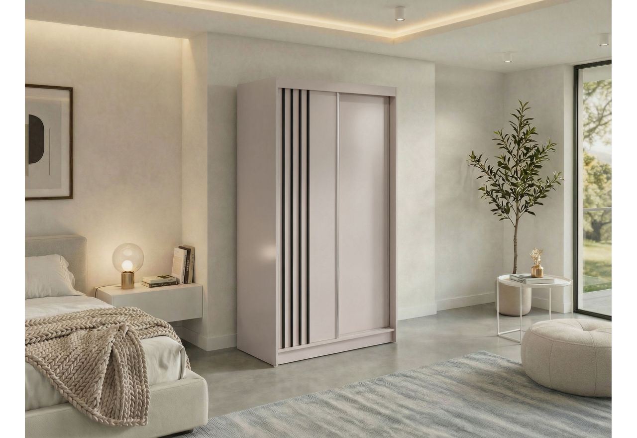 Szafa przesuwna NAURU 120 cm - kaszmir z lamelami czarnymi + 2 szuflady