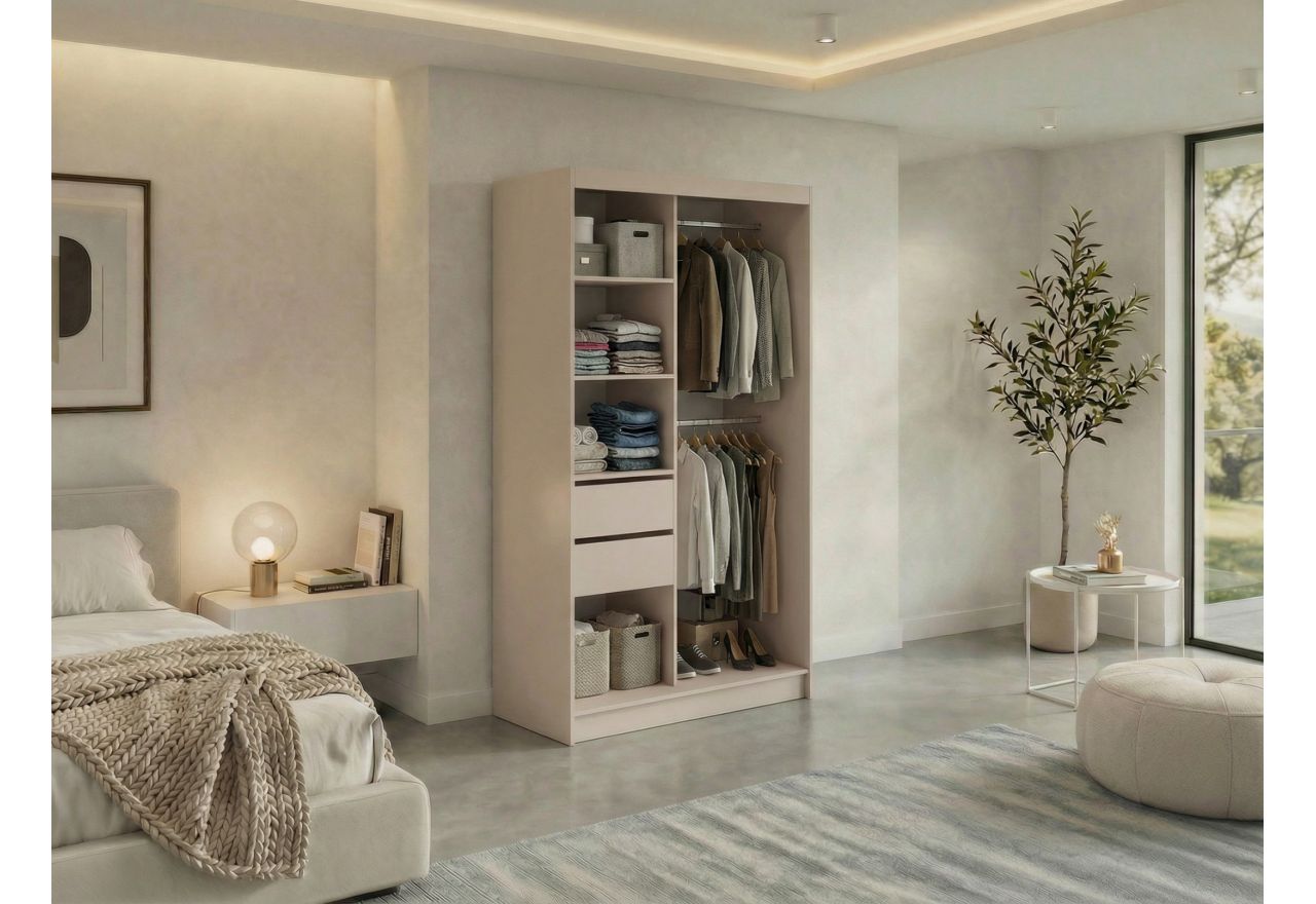 Szafa przesuwna NAURU 120 cm - kaszmir z lamelami czarnymi + 2 szuflady