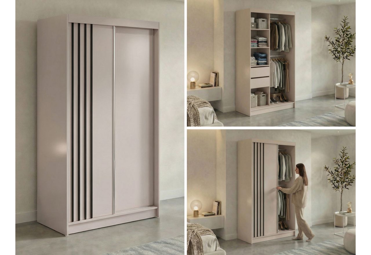 Szafa przesuwna NAURU 120 cm - kaszmir z lamelami czarnymi + 2 szuflady