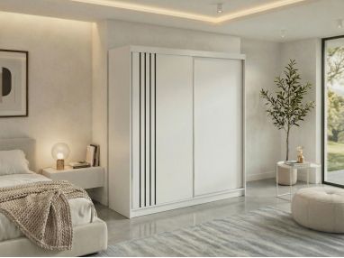 Szafa przesuwna NAURU 200 - biały z lamelami czarnymi + 4 szuflady