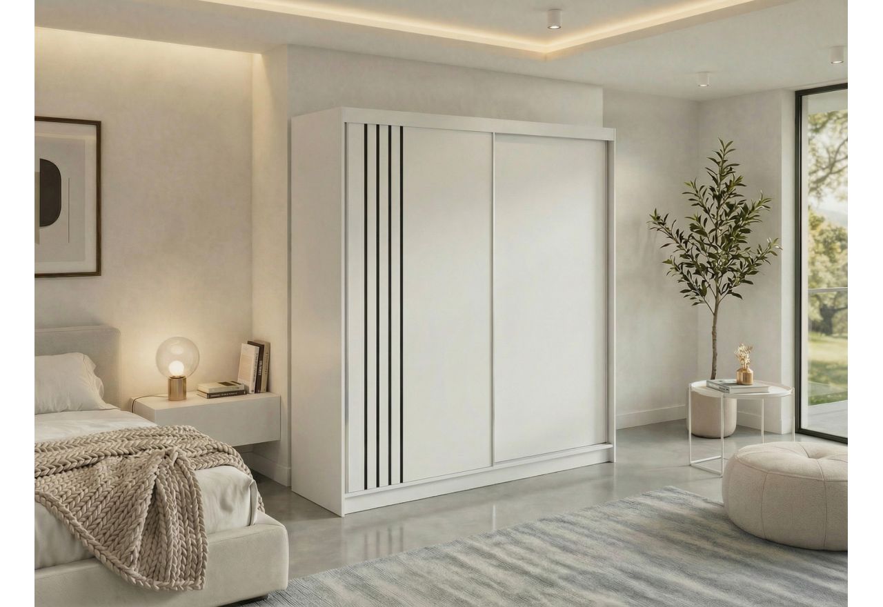 Szafa przesuwna NAURU 200 - biały z lamelami czarnymi + 4 szuflady